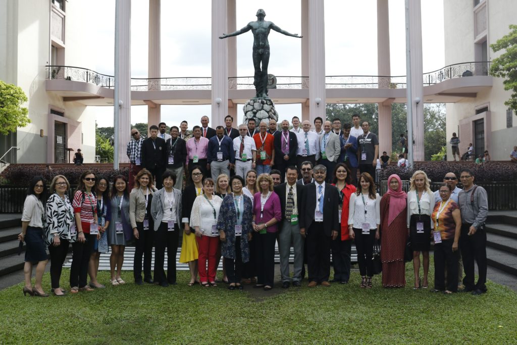 Local and foreign speakers at the International Conference on Sport Pedagogy, Health and Wellness 2016, posing in front of the Oblation, UP Diliman, Quezon City